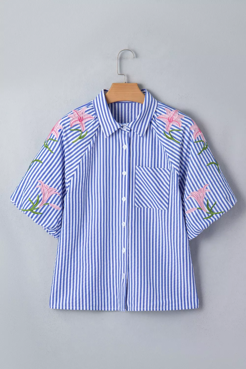 Striped Floral Embroidered Puff Sleeve Button Down Shirt, image 4