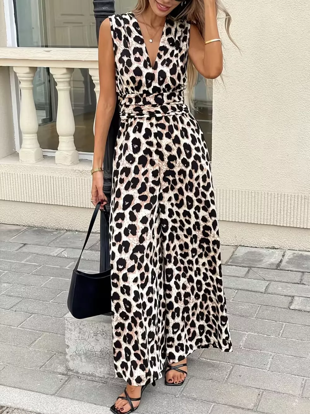 Sleeveless V-Neck Leopard Print Wide Leg Jumpsuit, image 10