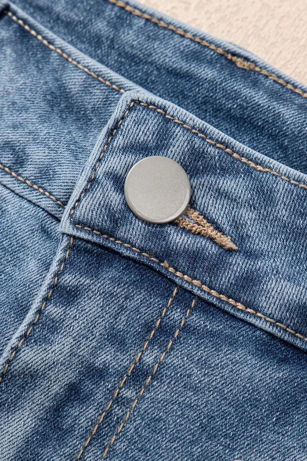 Pearl Beaded Raw Hem Wash Denim Shorts, image 7