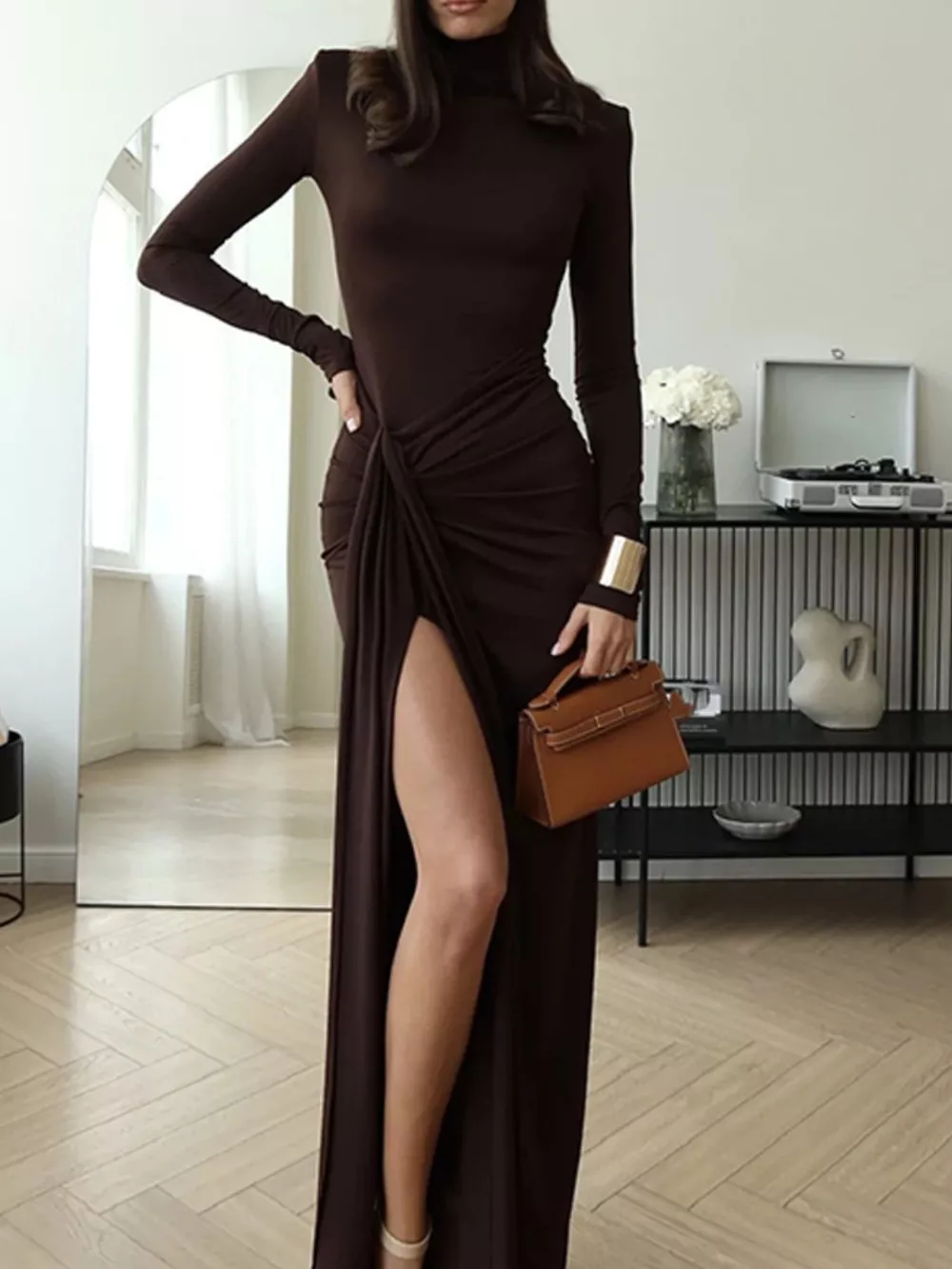 Turtleneck Long Sleeve Slit Maxi Dress, image 7