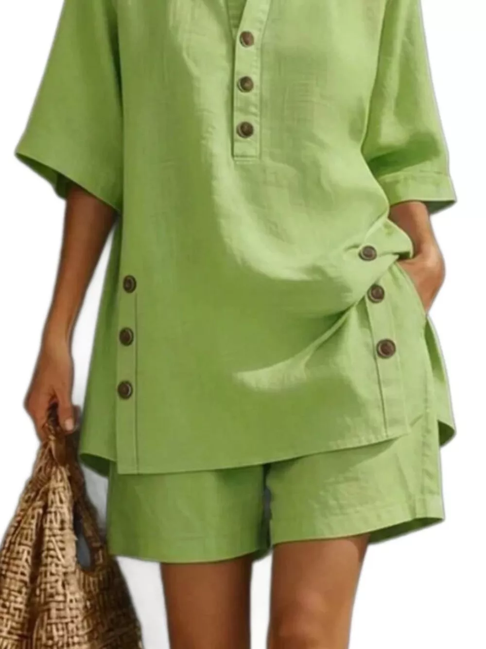 Full Size Casual Linen Button-Down Shirt & Shorts Set Plus Size, image 8
