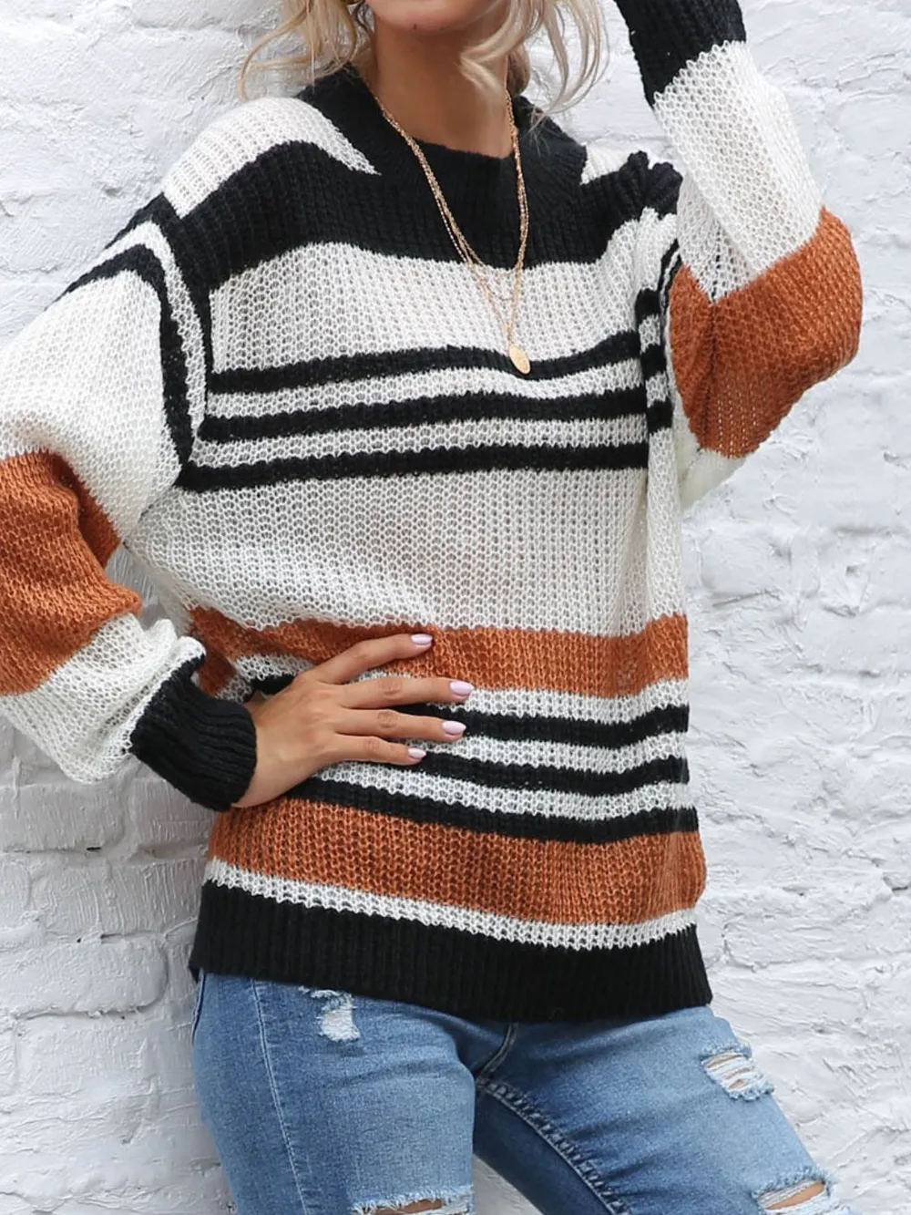 Contrast Striped Round Neck Long Sleeve Sweater, image 8