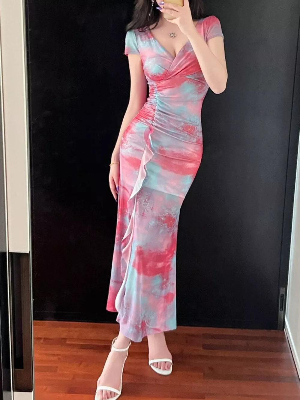 Tie-Dye Surplice Ruffle Slit Dress, image 15