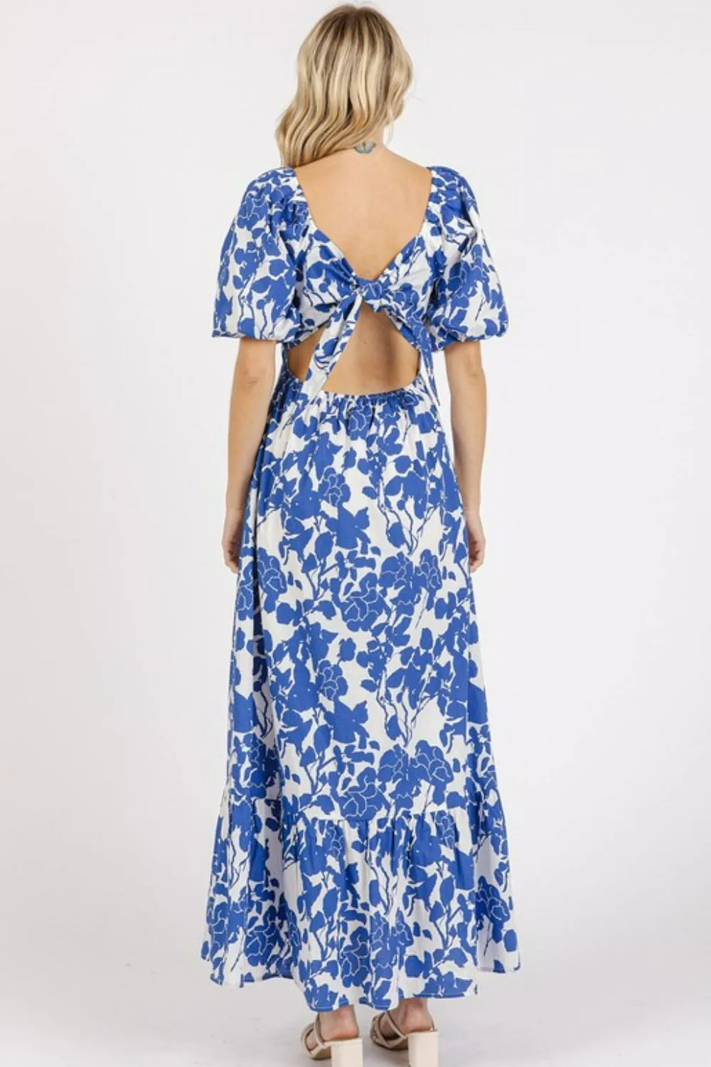 Cutout Back Floral Sweetheart Neck Puff Sleeve Dress, image 2
