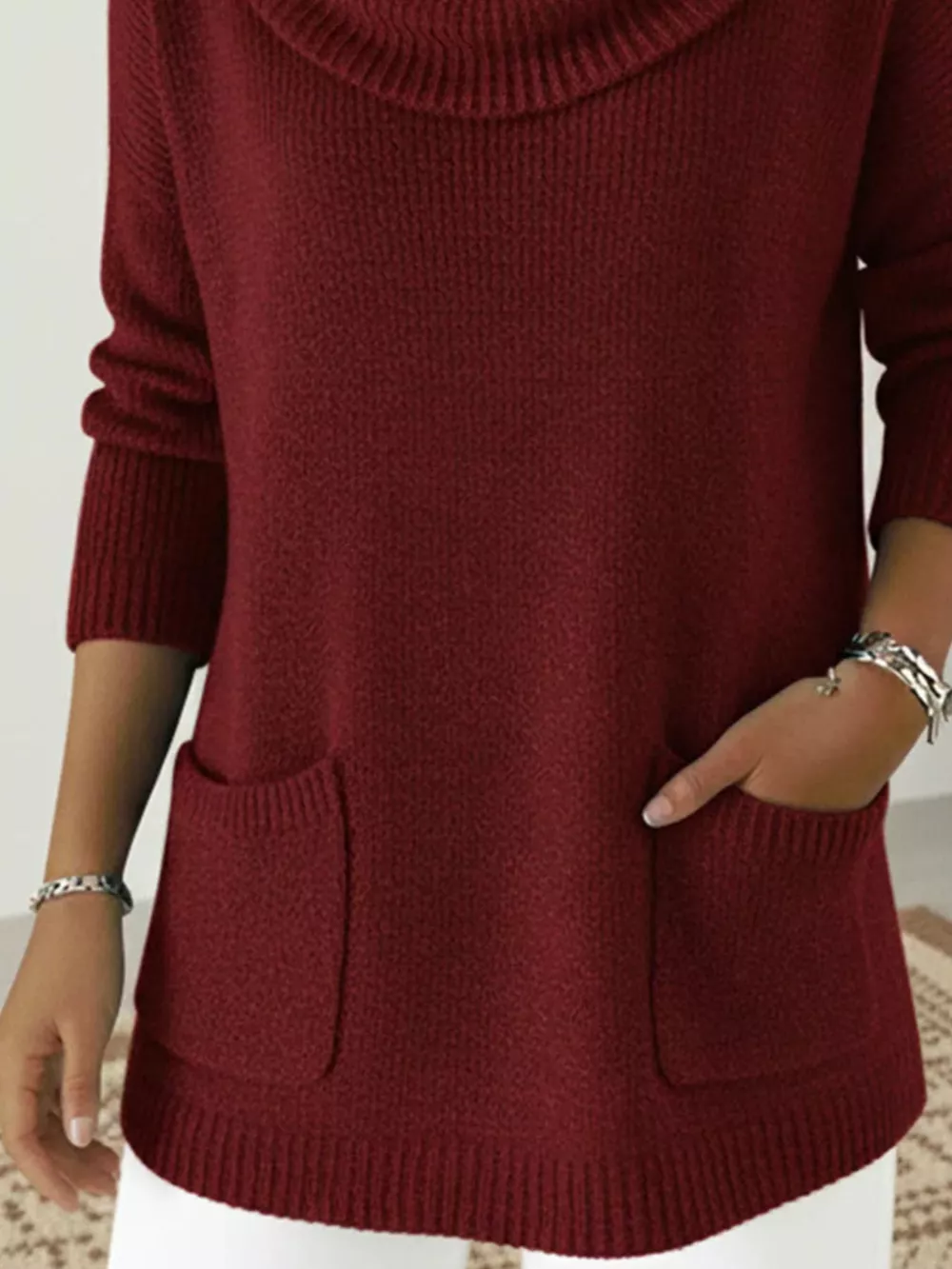 Full Size Cowl Neck Long Sleeve Sweater with Pockes Plus Size, image 3