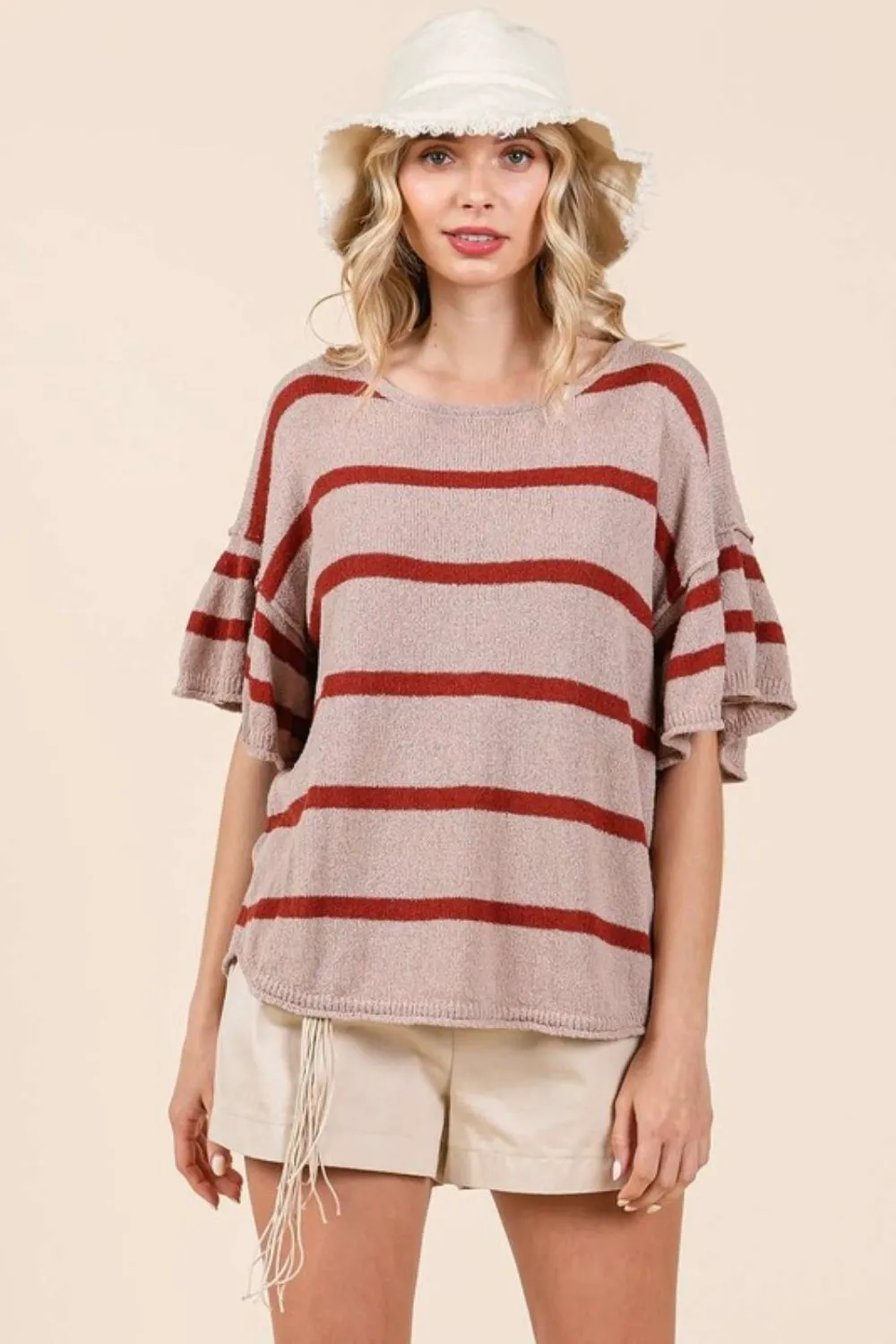 Striped Flounce Sleeve Knit Top, image 5