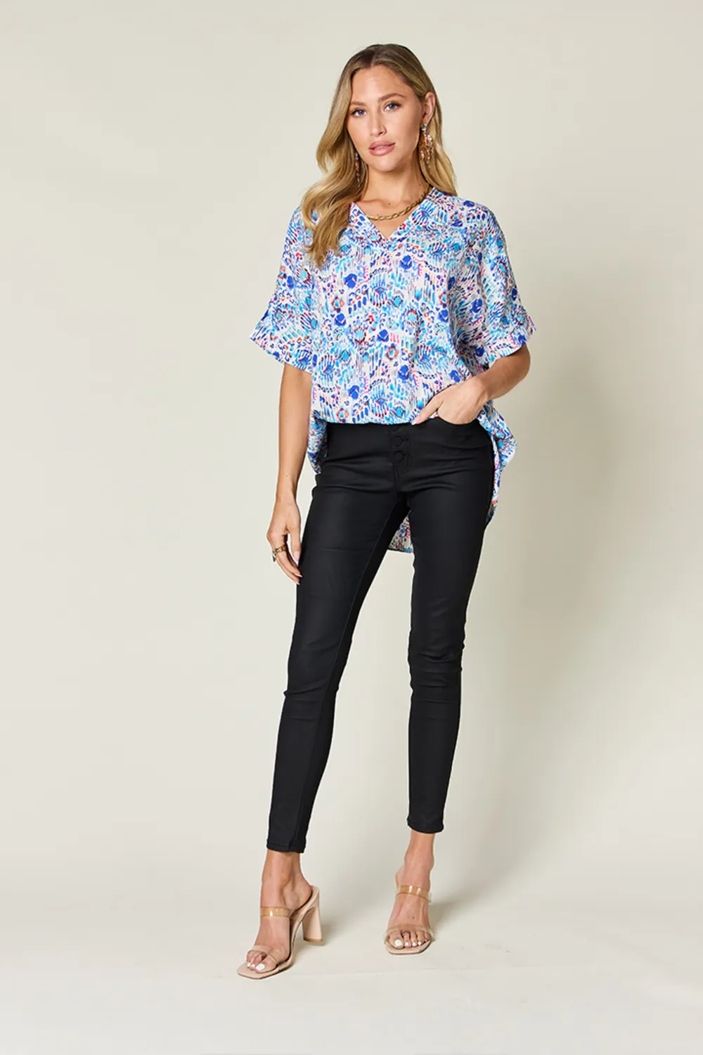 Full Size Printed V-Neck Short Sleeve Blouse, image 11