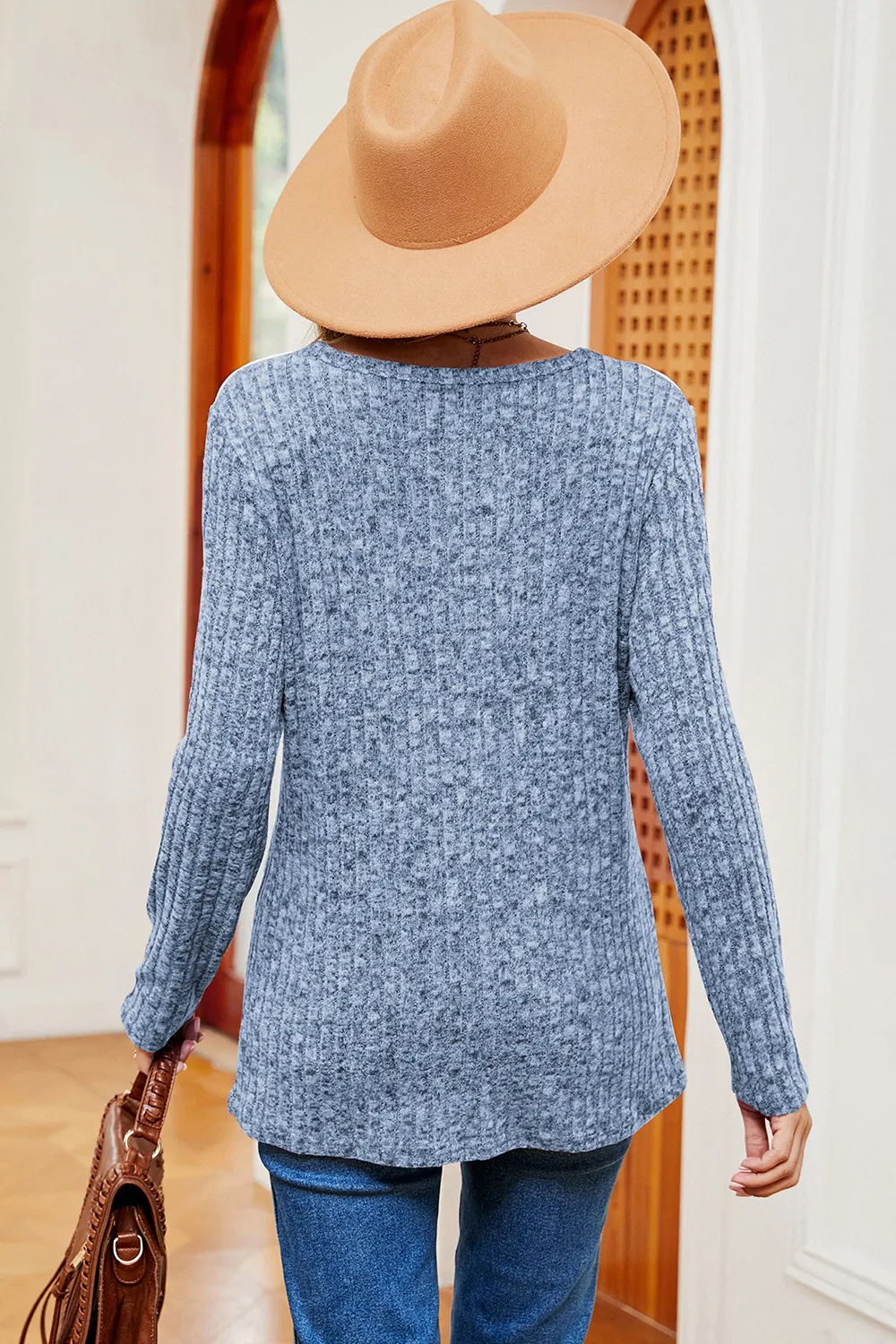 Eyelet Ribbed Round Neck Long Sleeve T-Shirt, image 12