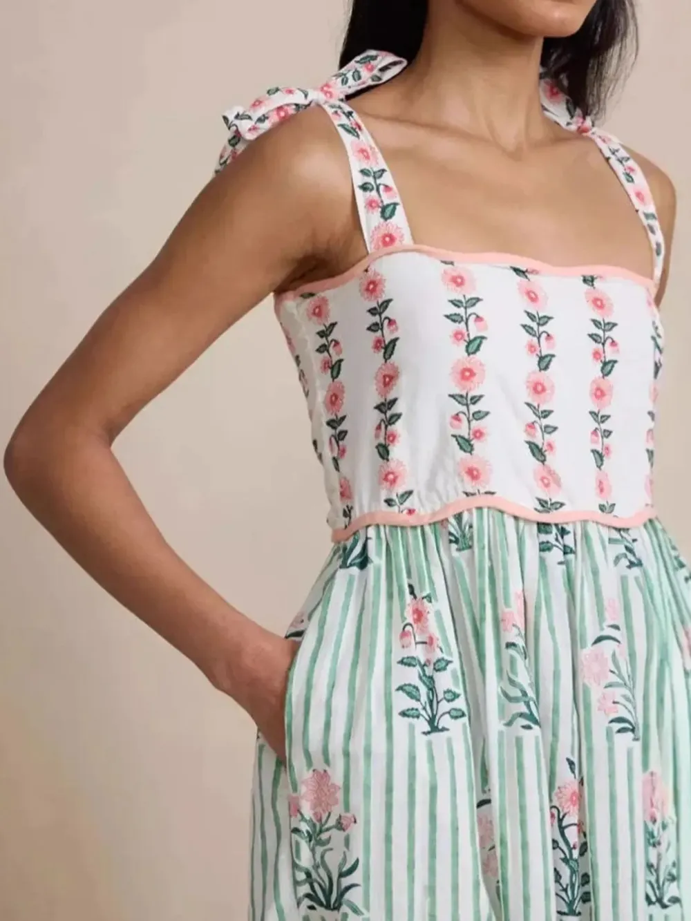 Floral Striped Maxi Cami Dress with Tie Straps, image 4