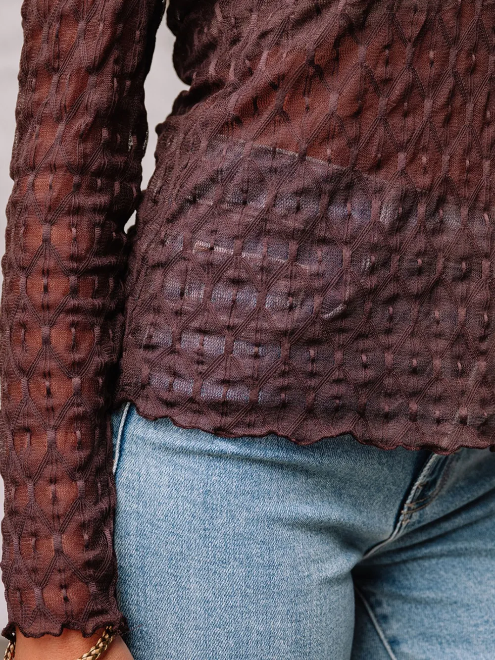 Sheer Mesh Patterned Lettuce Trim Slim Long Sleeve Top, image 6