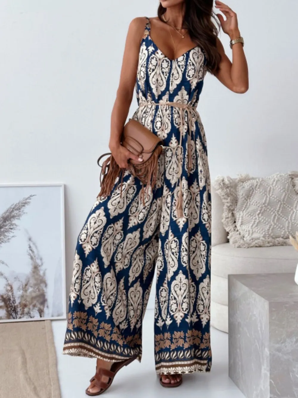 Paisley Print Spaghetti Strap Wide Leg Jumpsuit, image 4