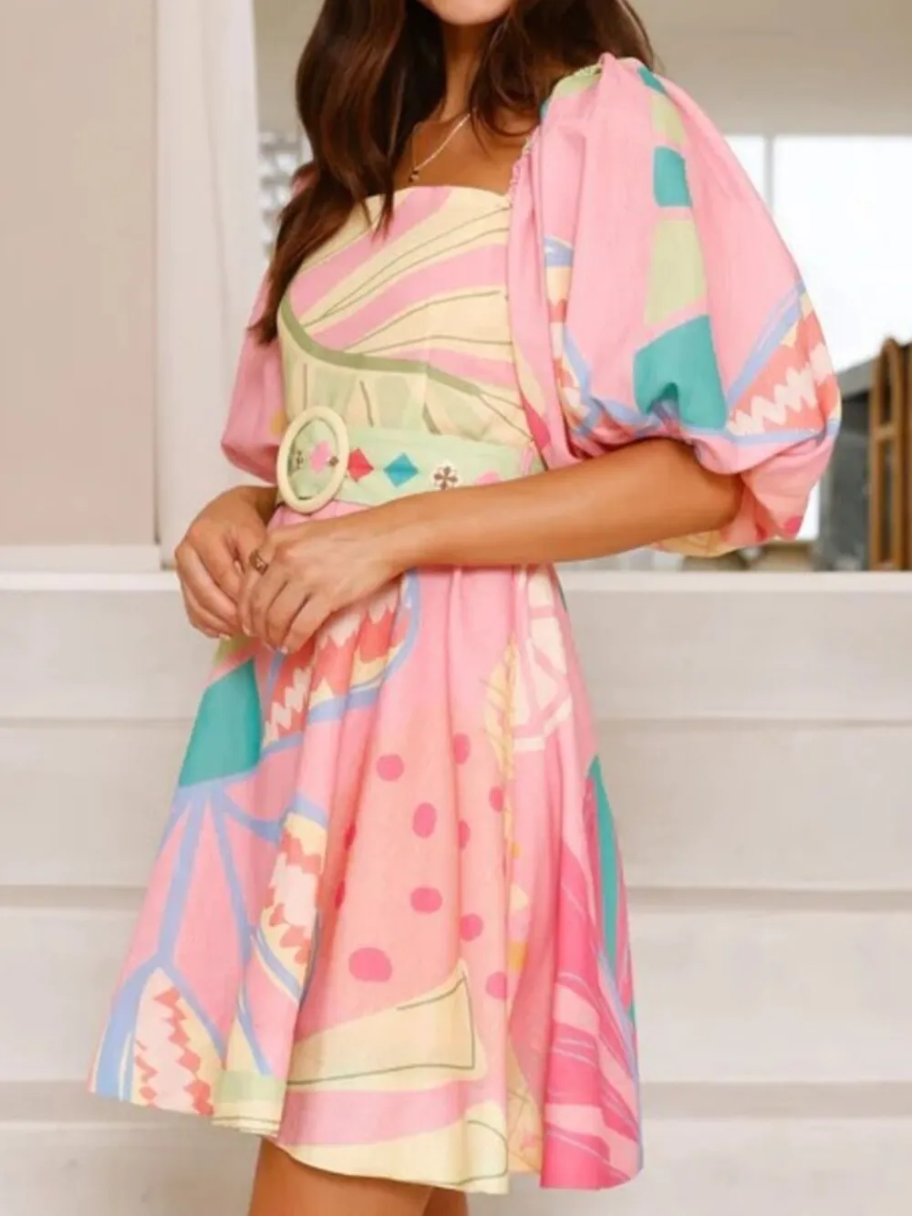 Printed Square Neck Puff Sleeve Dress, image 7