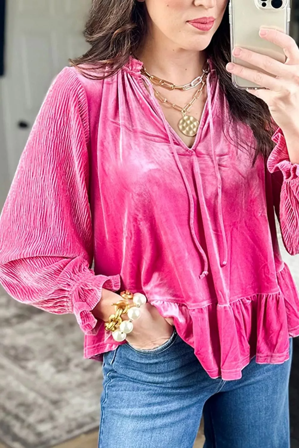 V Neck Velvet Ruffled Cuffs Hem Long Sleeve Top, image 2