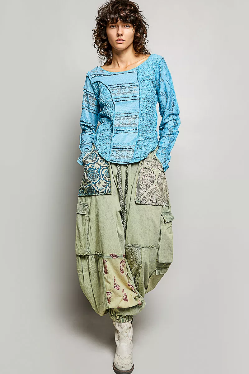Round Neck Long Sleeve Exposed Seam Top with Lace Detail, image 3