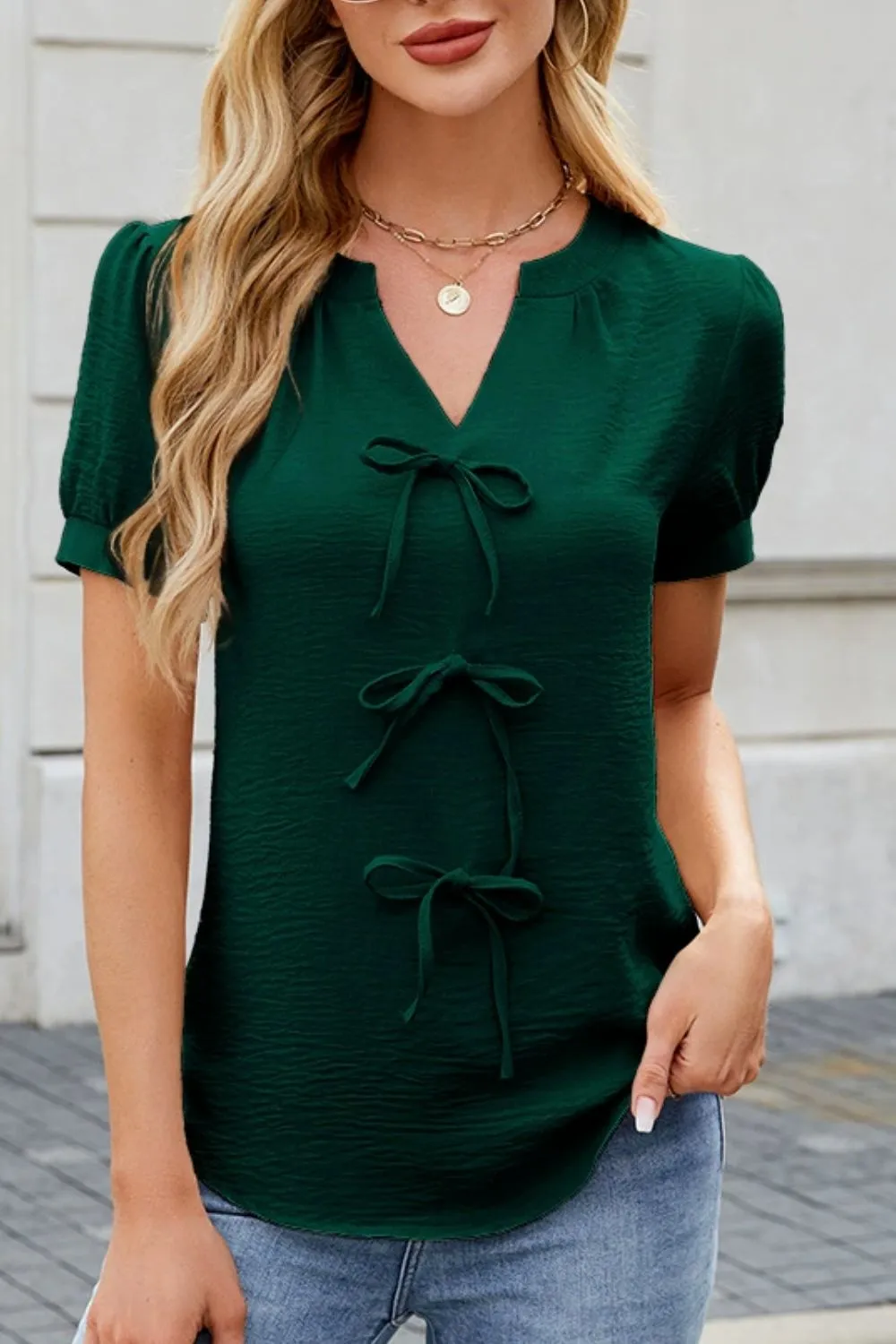 Notched Short Sleeve Blouse, image 9