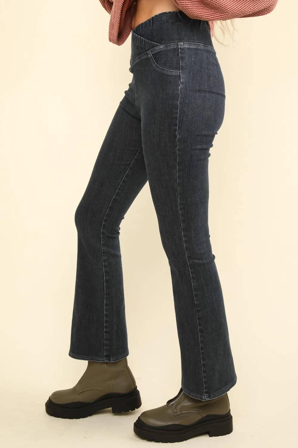 Washed Denim Stretchy Crossover Waist Leggings, image 3