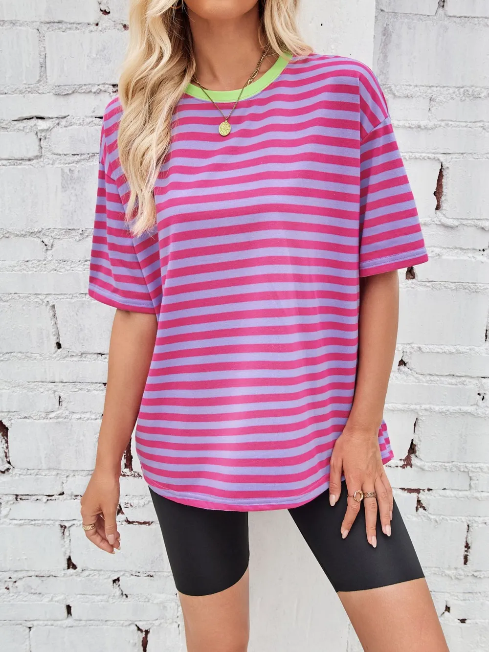 Contrast Striped Round Neck T-Shirt, image 11
