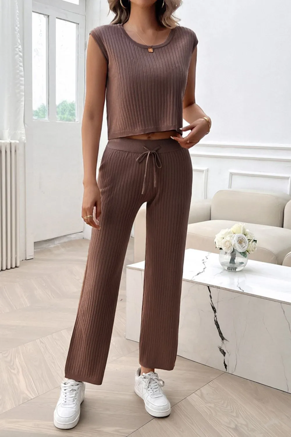 Ribbed Round Neck Top and Pants Set, image 7
