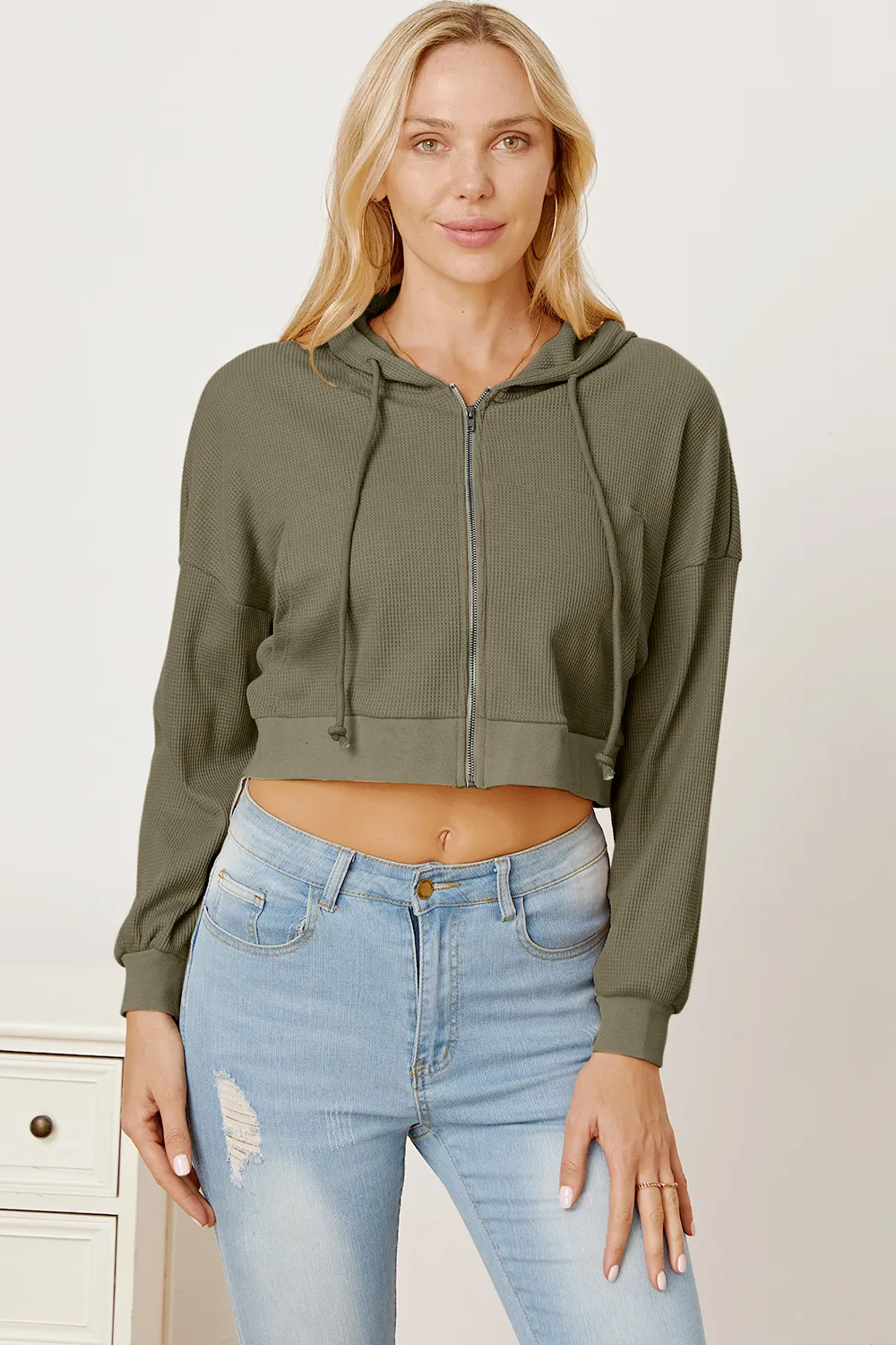 Waffle-Knit Drawstring Zip Up Hoodie, image 10