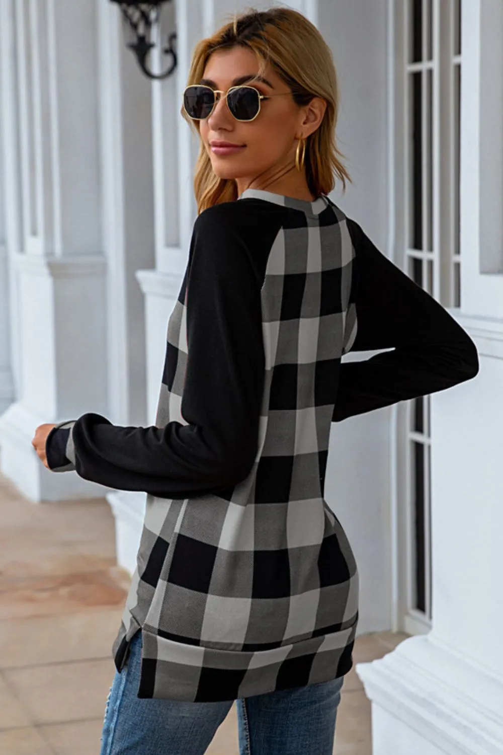 Plaid Round Neck Long Sleeve T-Shirt, image 9