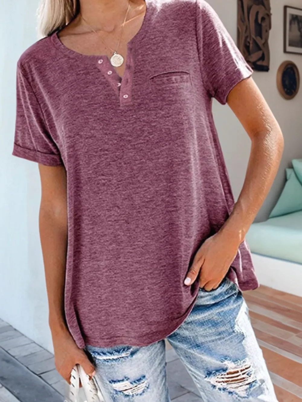Full Size Notched Short Sleeve T-Shirt Plus Size, image 22