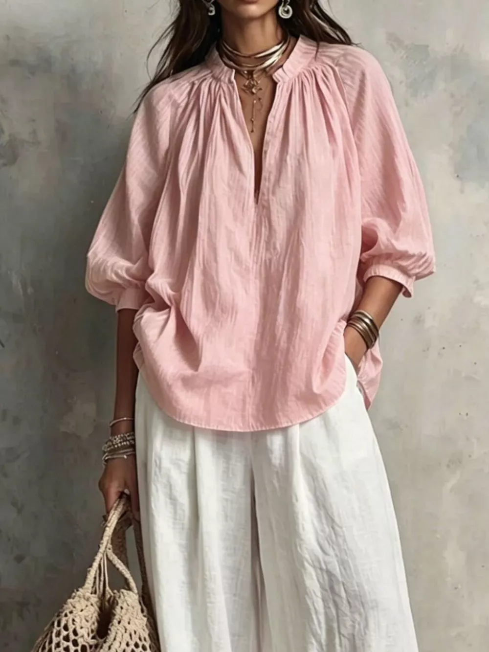 Notched Blouse and Wide-Leg Pants Set, image 14