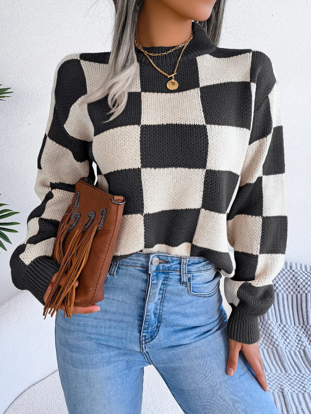 Checkered Mock Neck Long Sleeve Sweater, image 3