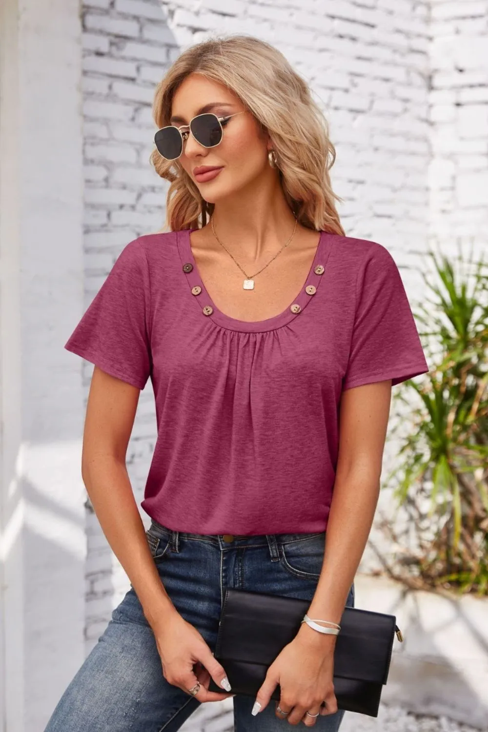 Decorative Button Scoop Neck T-Shirt, image 14
