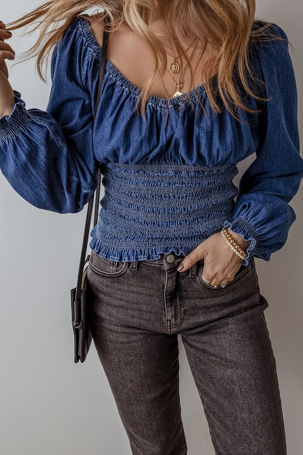 Smocked Long Sleeve Denim Top, image 4