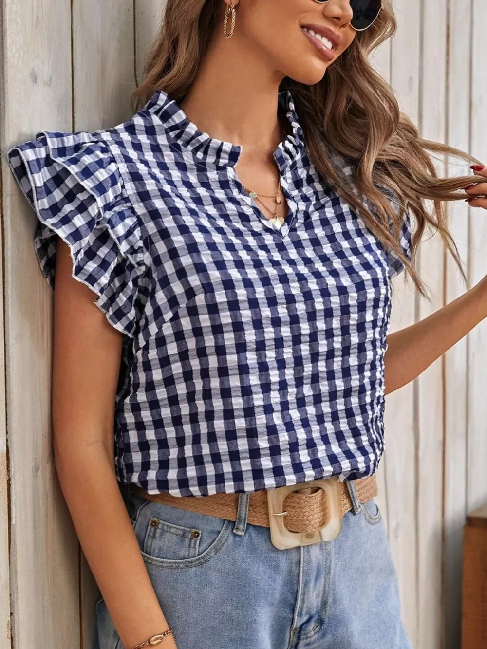 Gingham Ruffle Sleeve Blouse, image 6
