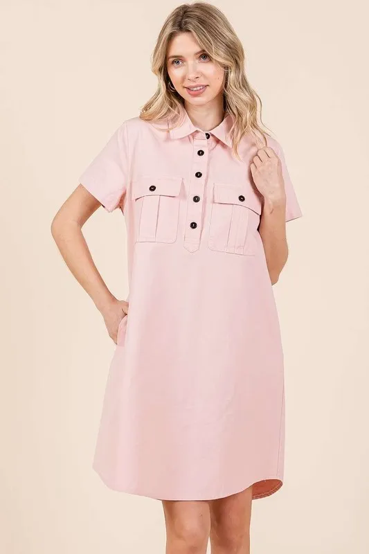 Button Detail Collared Neck Short Sleeve Shirt Dress, image 3