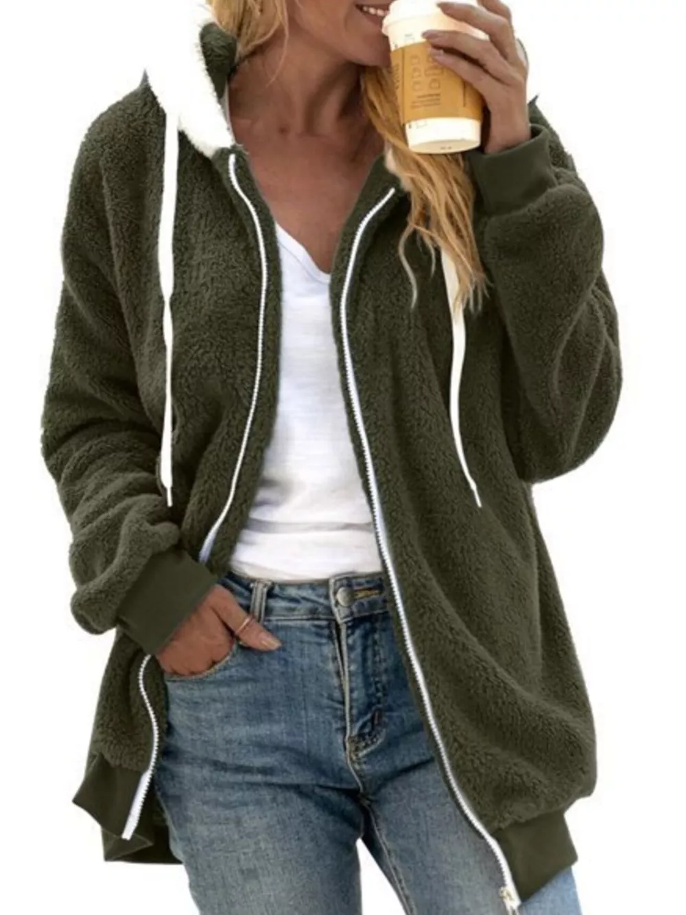 Full Size Cozy Fleece Zip-Up Hooded Jacket Plus Size
