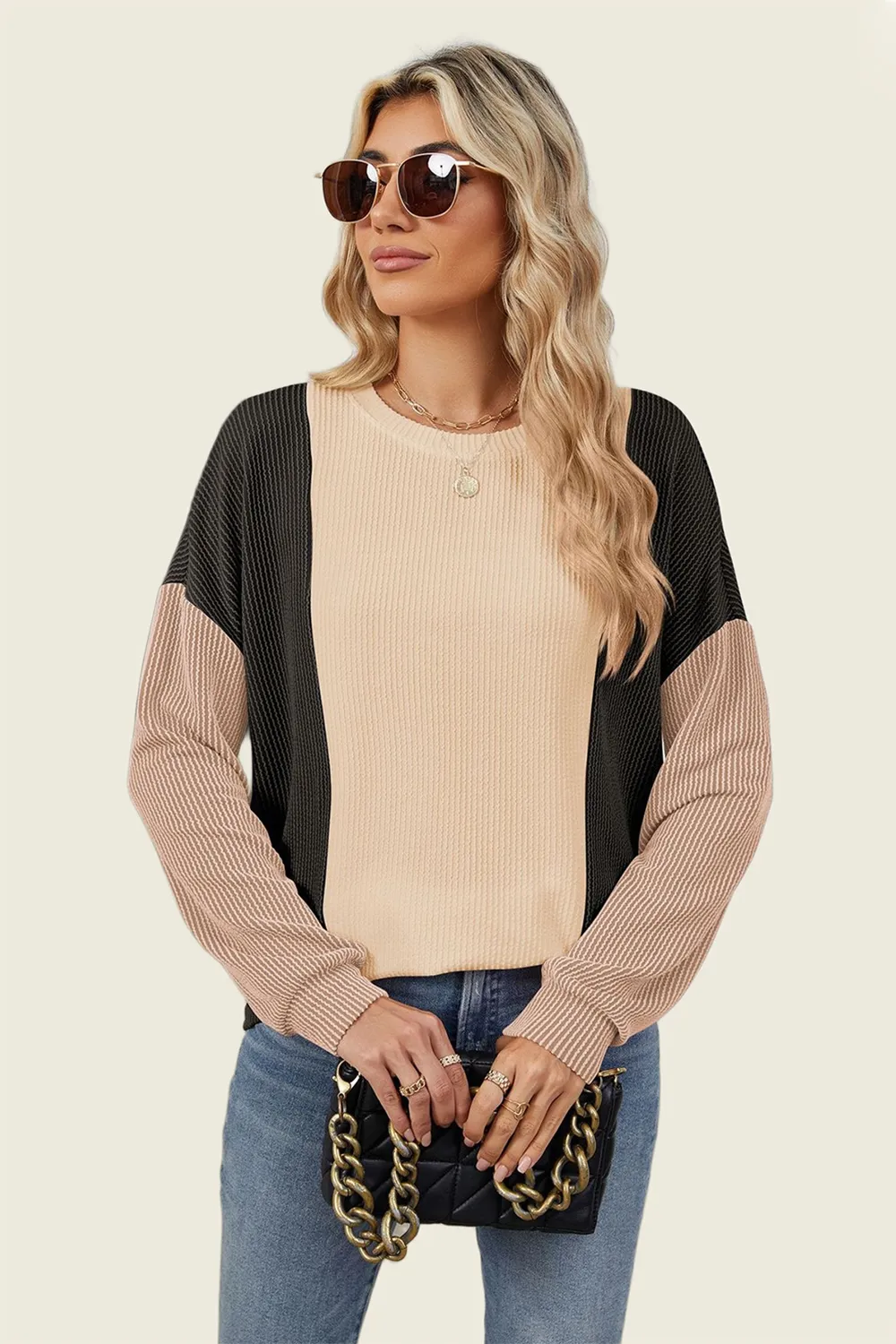 Texture Contrast Round Neck Long Sleeve T-Shirt, image 21