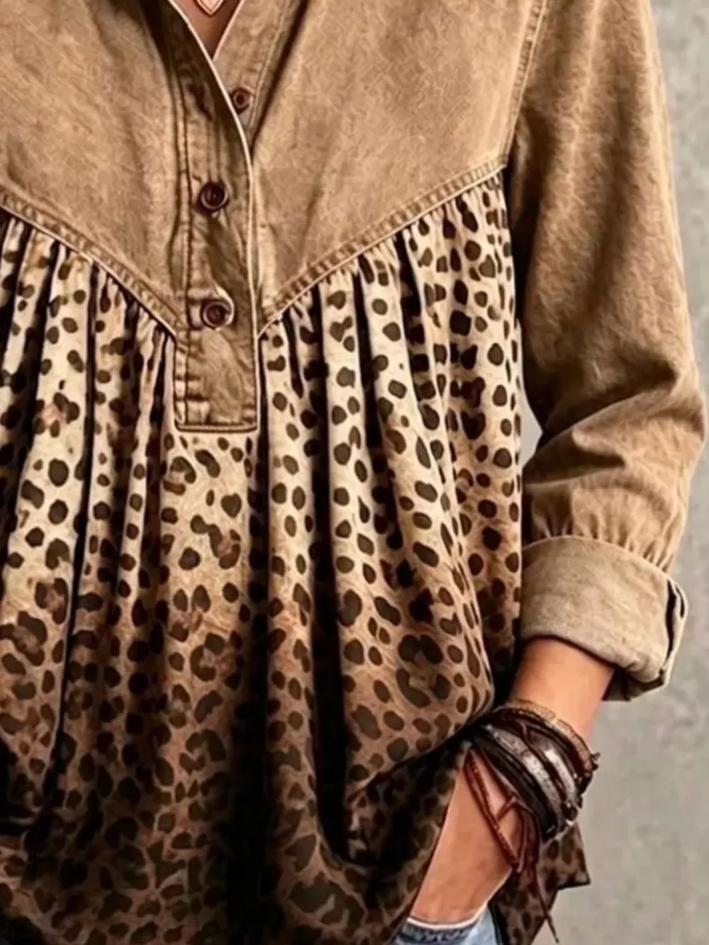 Full Size Leopard Button Detail Blouse Plus Size, image 7