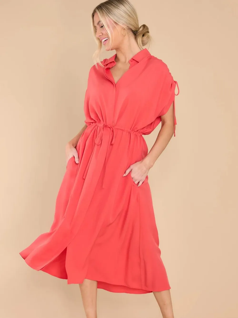 Drawstring Collared Neck Short Sleeve Midi Dress, image 8