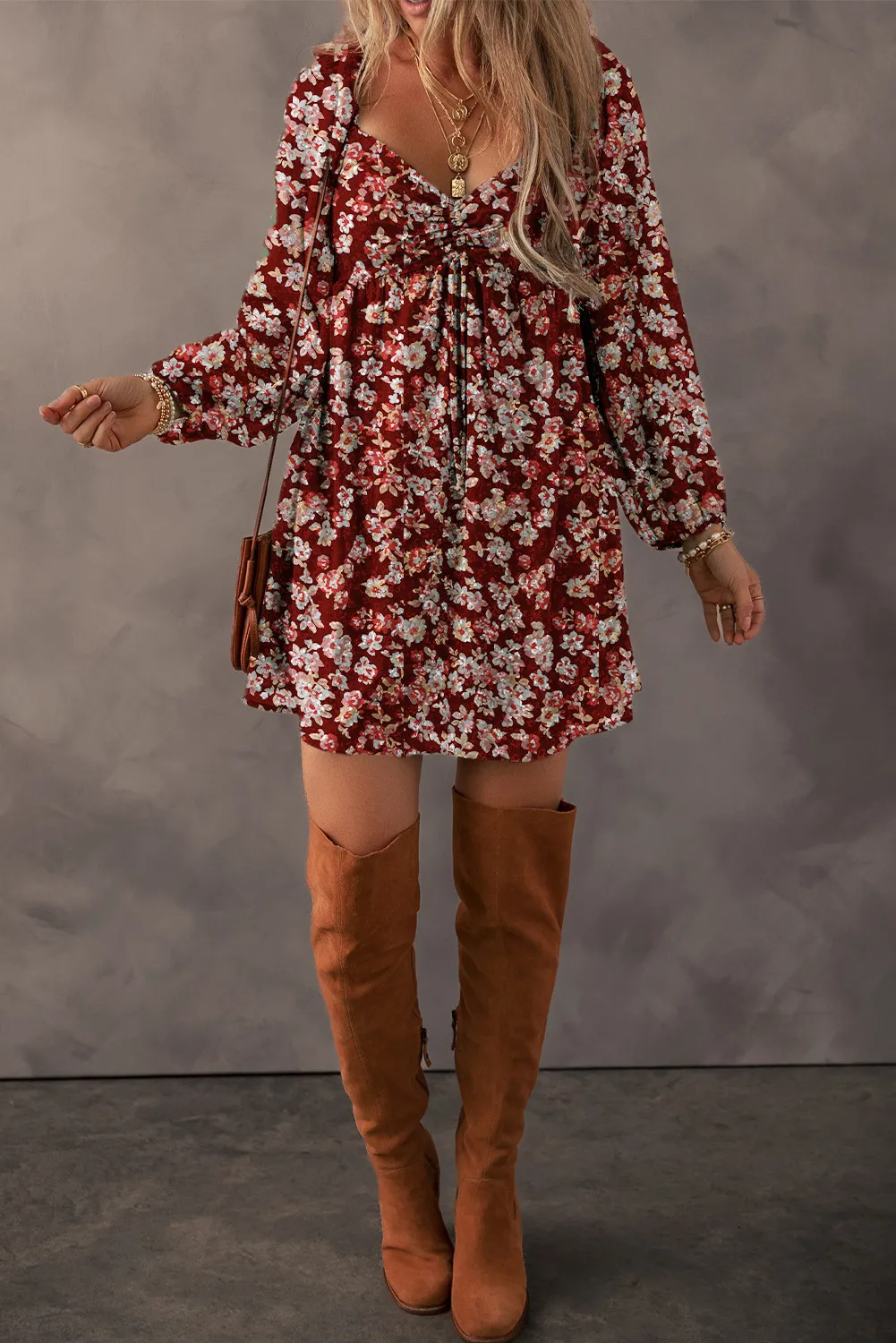 Ruched Printed Long Sleeve Mini Dress, image 4