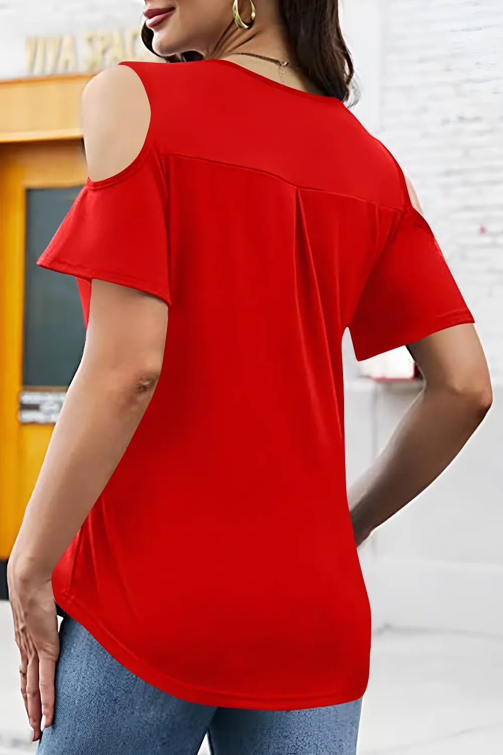 Full Size Half Zip Cold Shoulder Top, image 8
