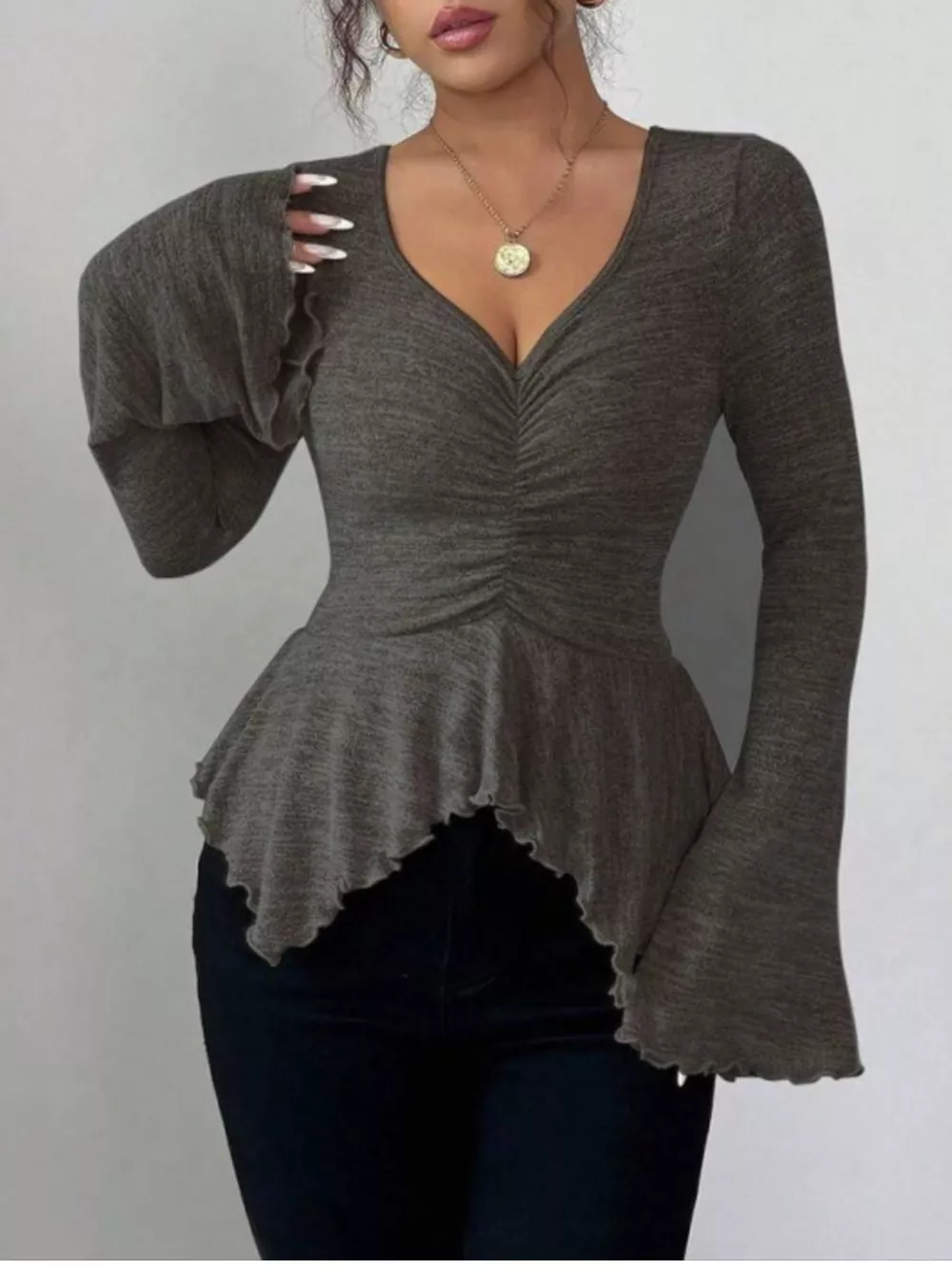 Ruched Flared Sleeves Peplum T-Shirt, image 4