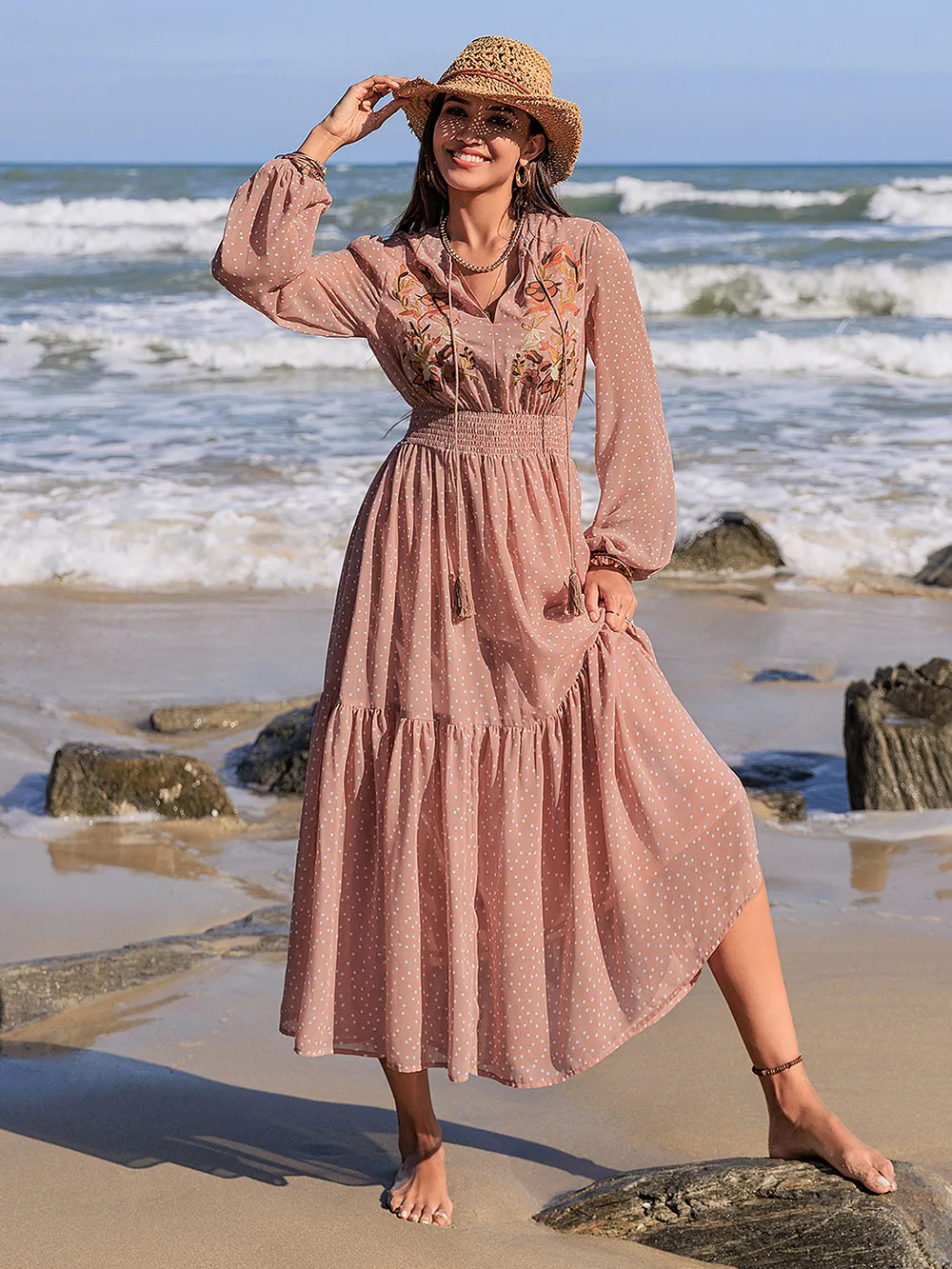 Embroidered Polka Dot Tie Neck Long Sleeve Midi Dress, image 3