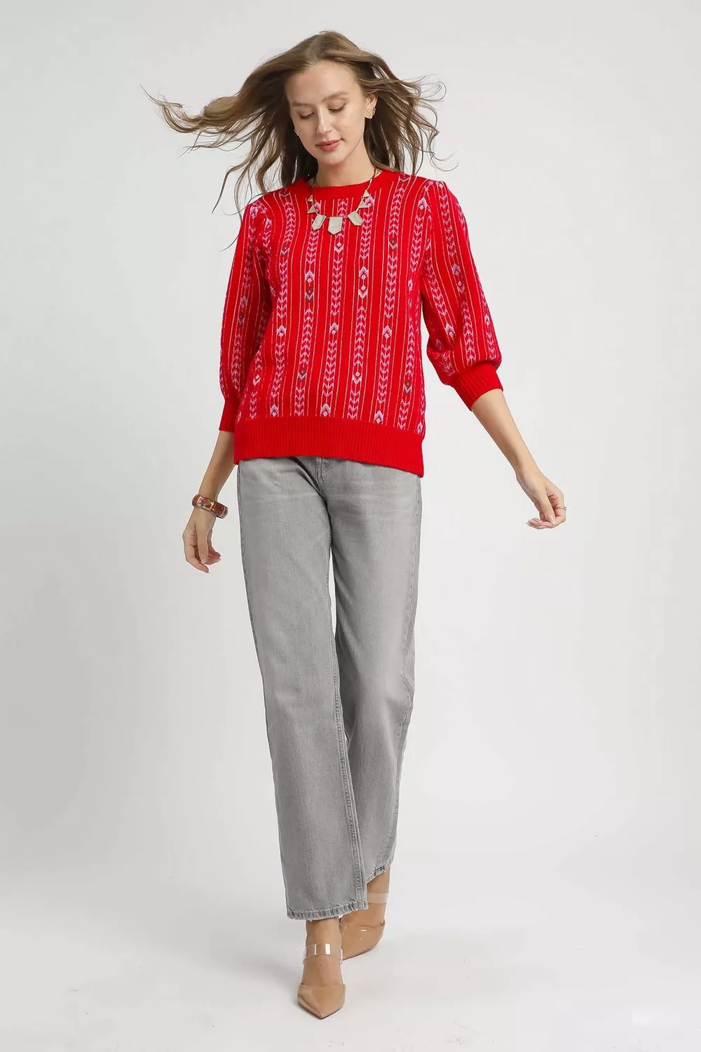 Jacquard Knit Puff Sleeve Sweater, image 3