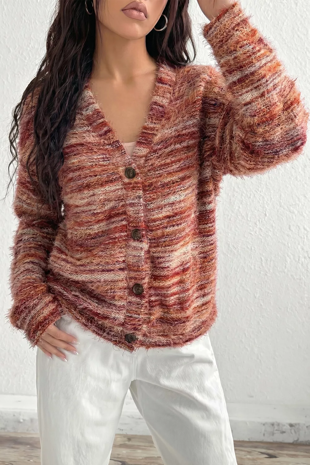 Fuzzy Striped Button Front Cardigan Sweater, image 3