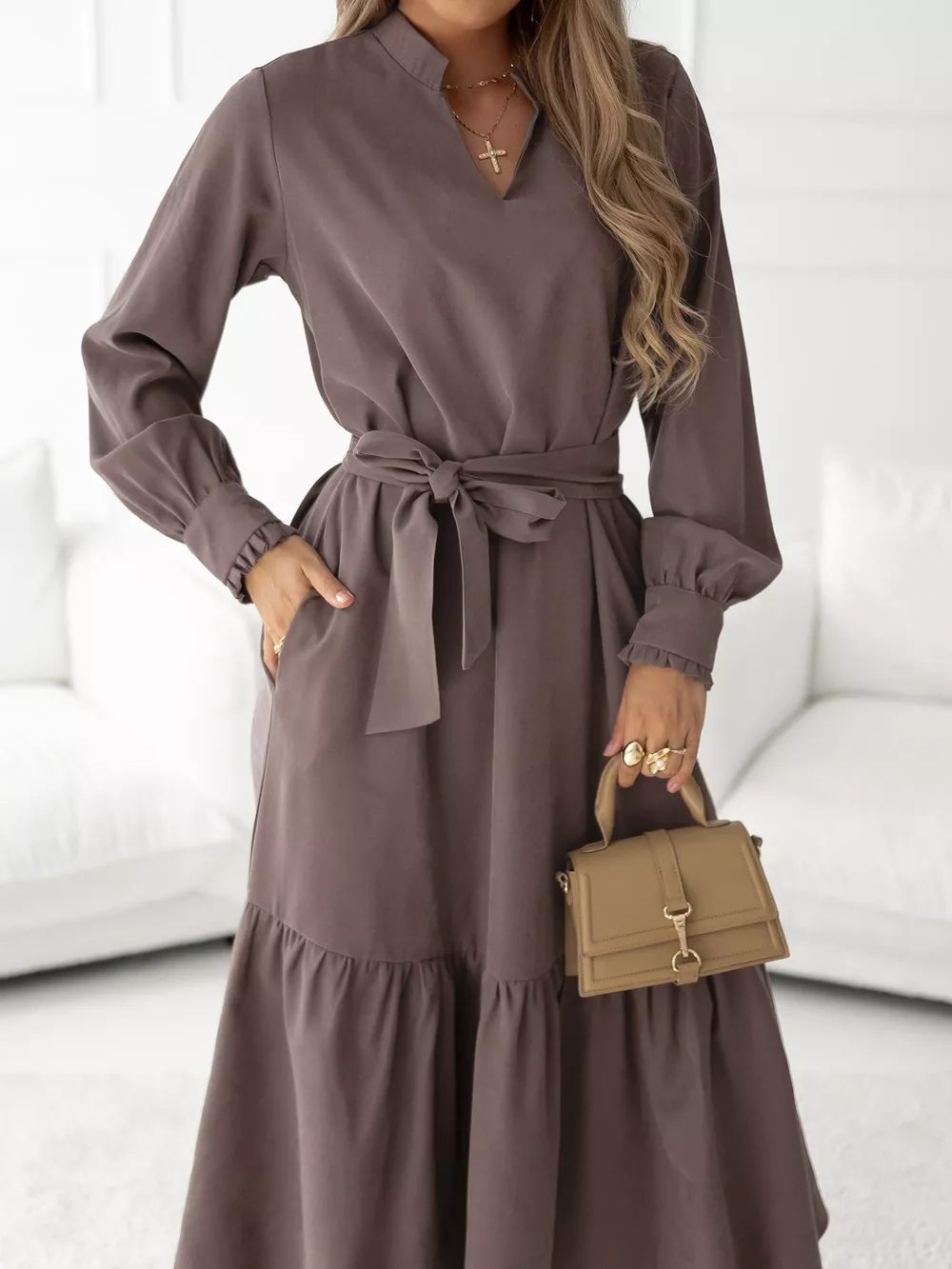 Long Sleeve Tie Waist Ruffle Hem Midi Dress, image 6