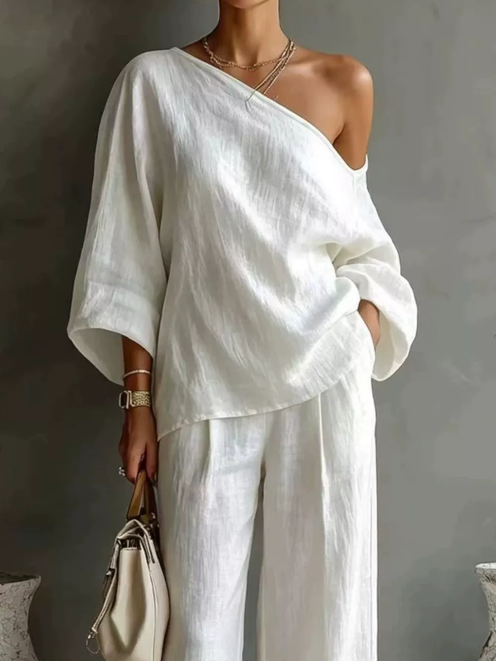 One Shoulder Top and Wide Leg Pants Set, image 2