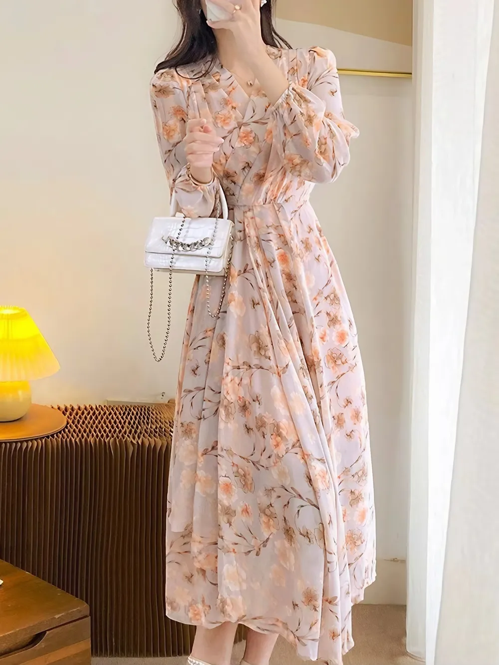 Floral Print Long Sleeve Midi Dress, image 4