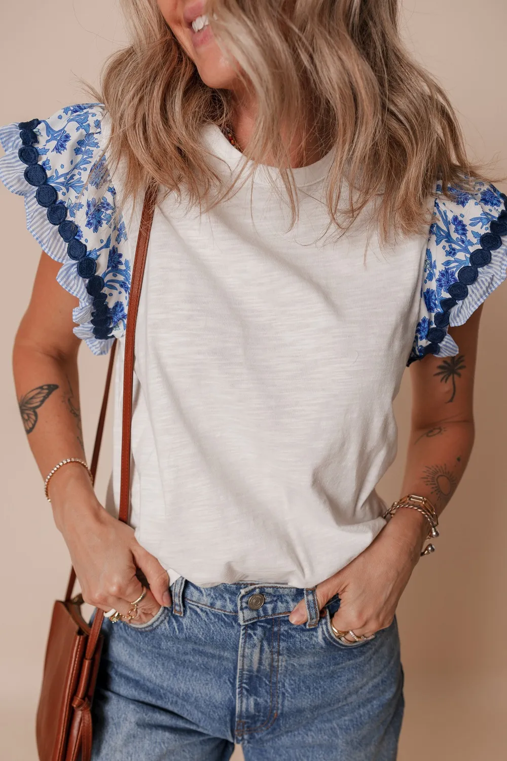 Round Neck Printed Ruffled Cap Sleeve Blouse, image 4