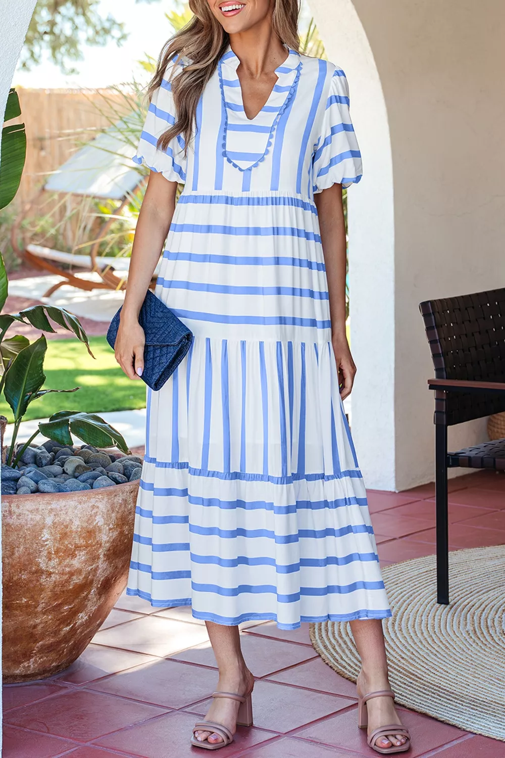 Stripe Ricrac Trim Notched Neck Half Sleeve Vacation Dress, image 2