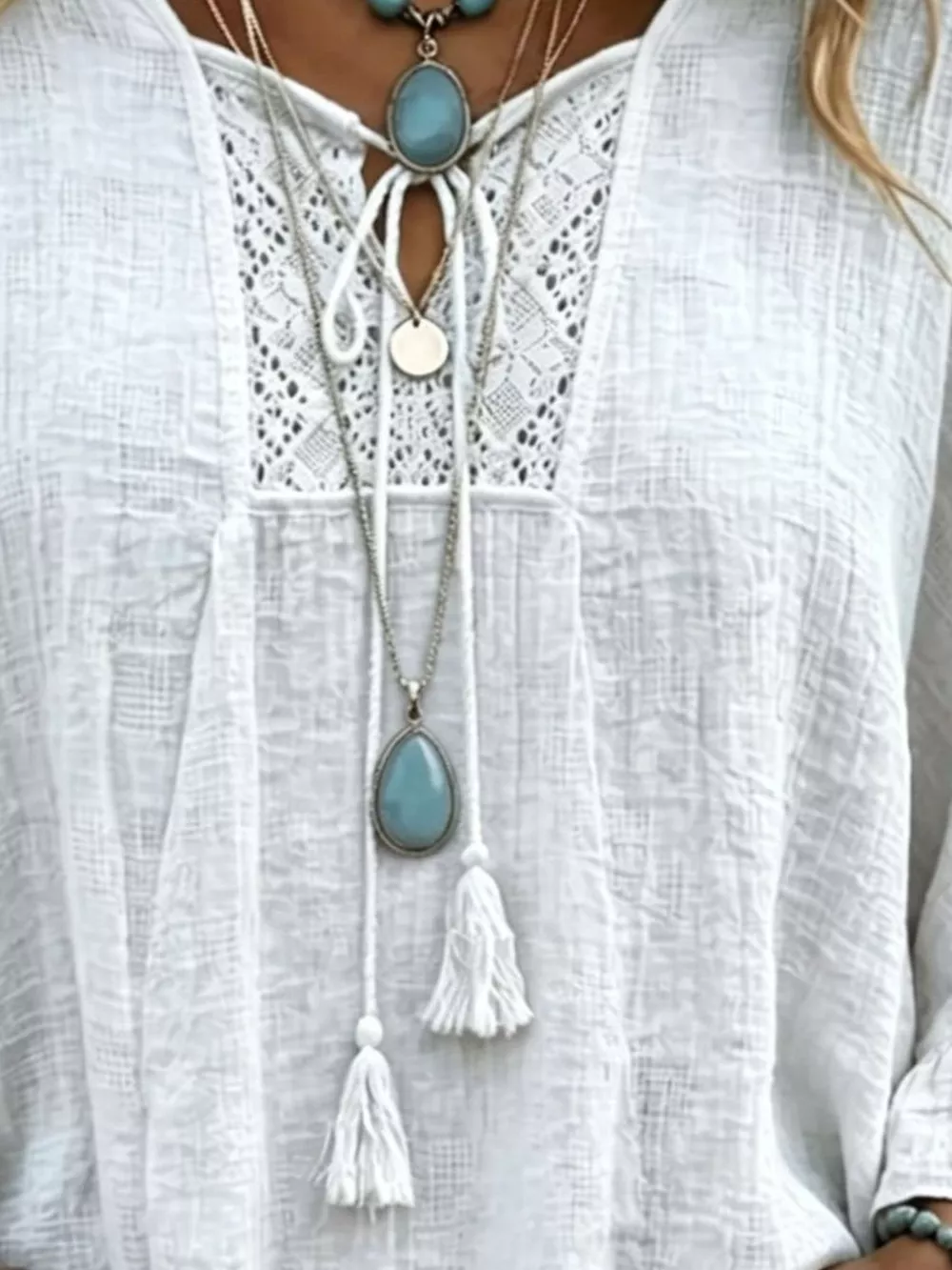 Full Size Tassel Tie Neck Ruffled Hem Blouse Plus Size, image 3