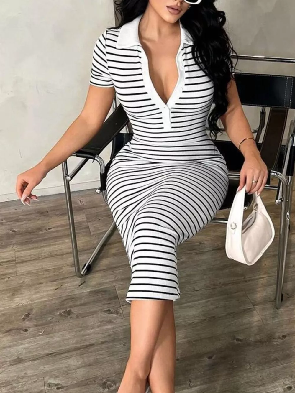 Striped Short Sleeve Bodycon Midi Dress, image 3