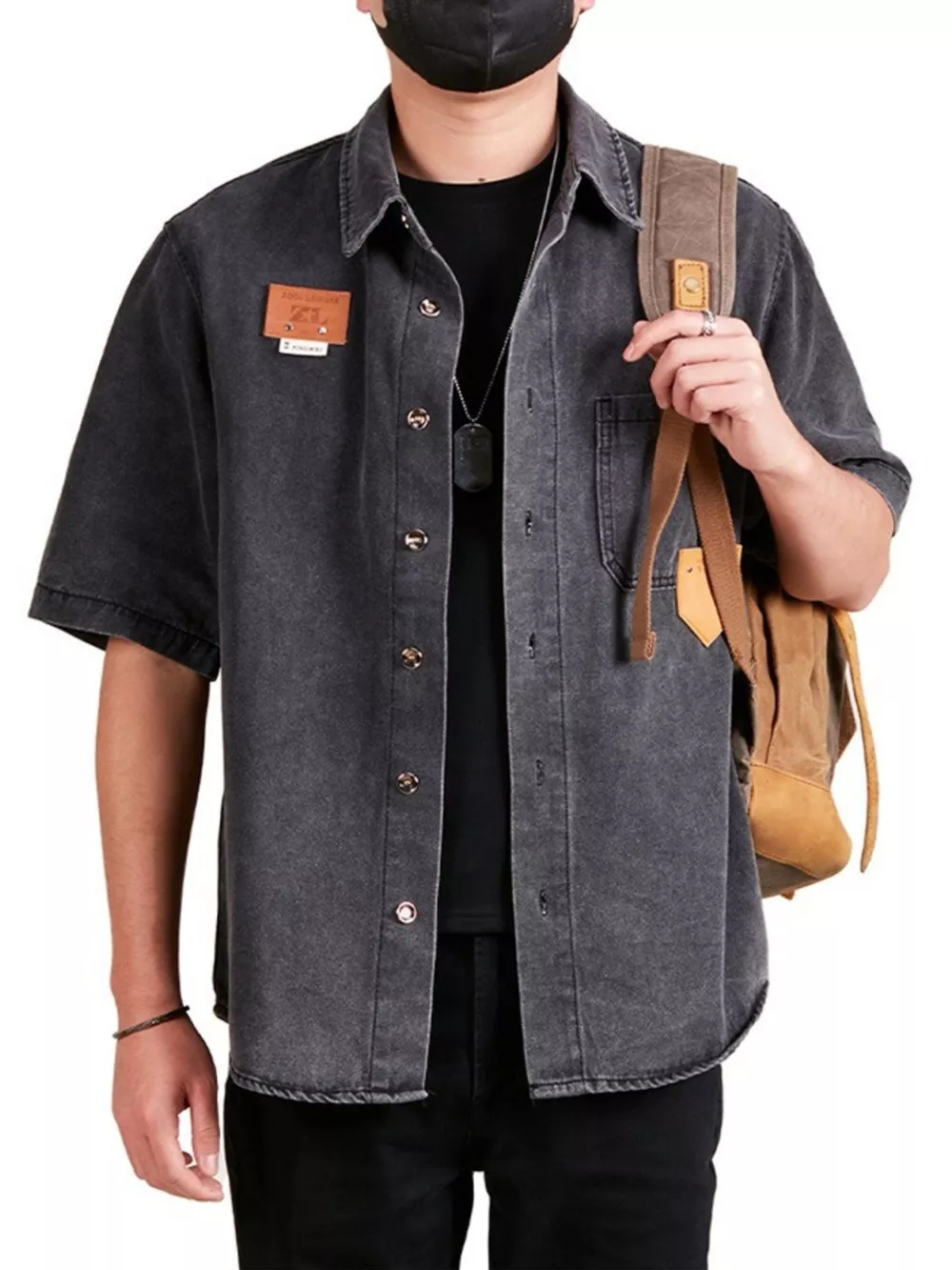 Men's Plus Size Button Up Half Sleeve Denim Shirt, image 4