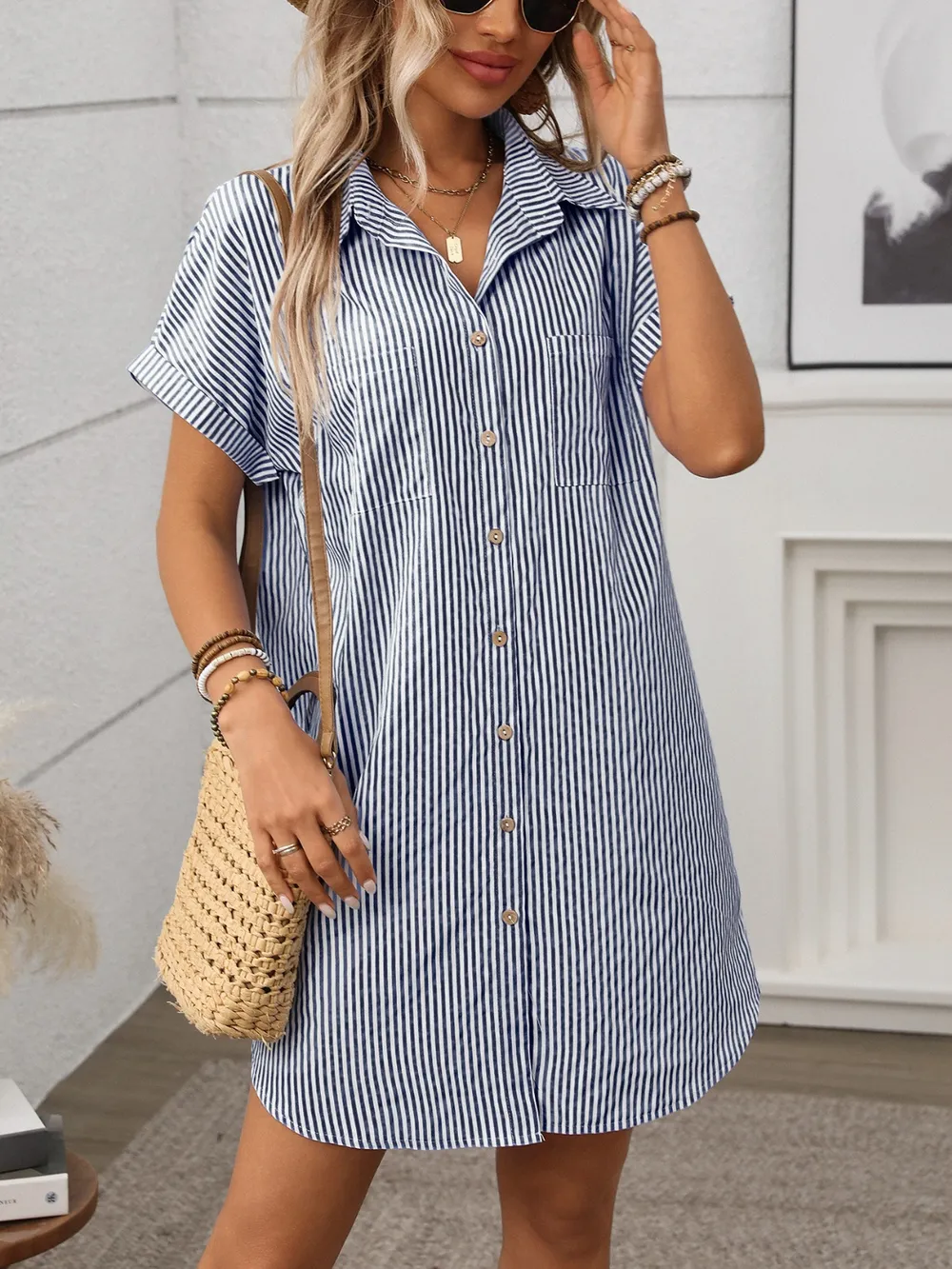Striped Button Down Short Sleeve Mini Dress, image 4